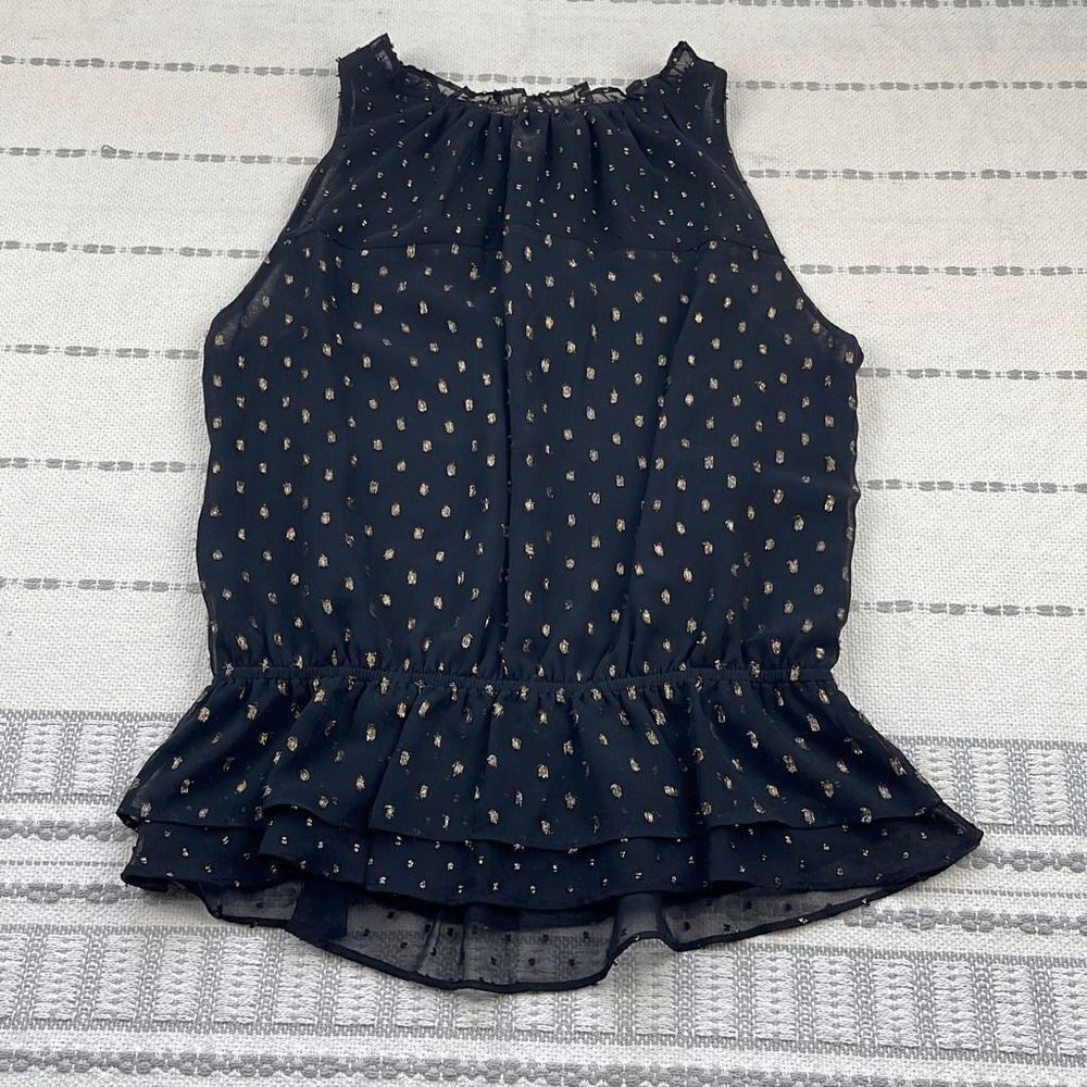 White House Black Market Shirt Womens Small Ruffled Sleeveless Lined Gold Black